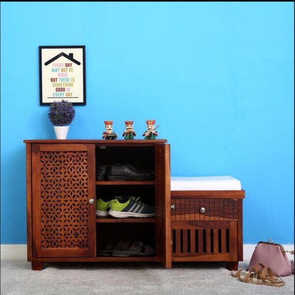 APANA TIMBER™ Sheesham Wood Shoe Rack with Cushion Seating Drawer and Door Storage Multipurpose Cabinets for Living Room Home Solid Wood Furniture (Honey Finish)